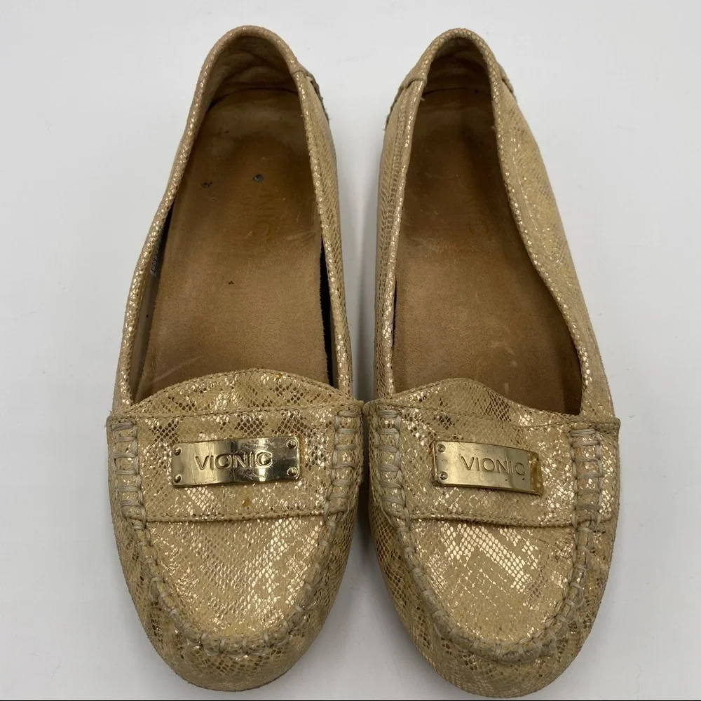 Vionic Sydney Gold Snake Print Orthaheel Loafers Women's Size 7